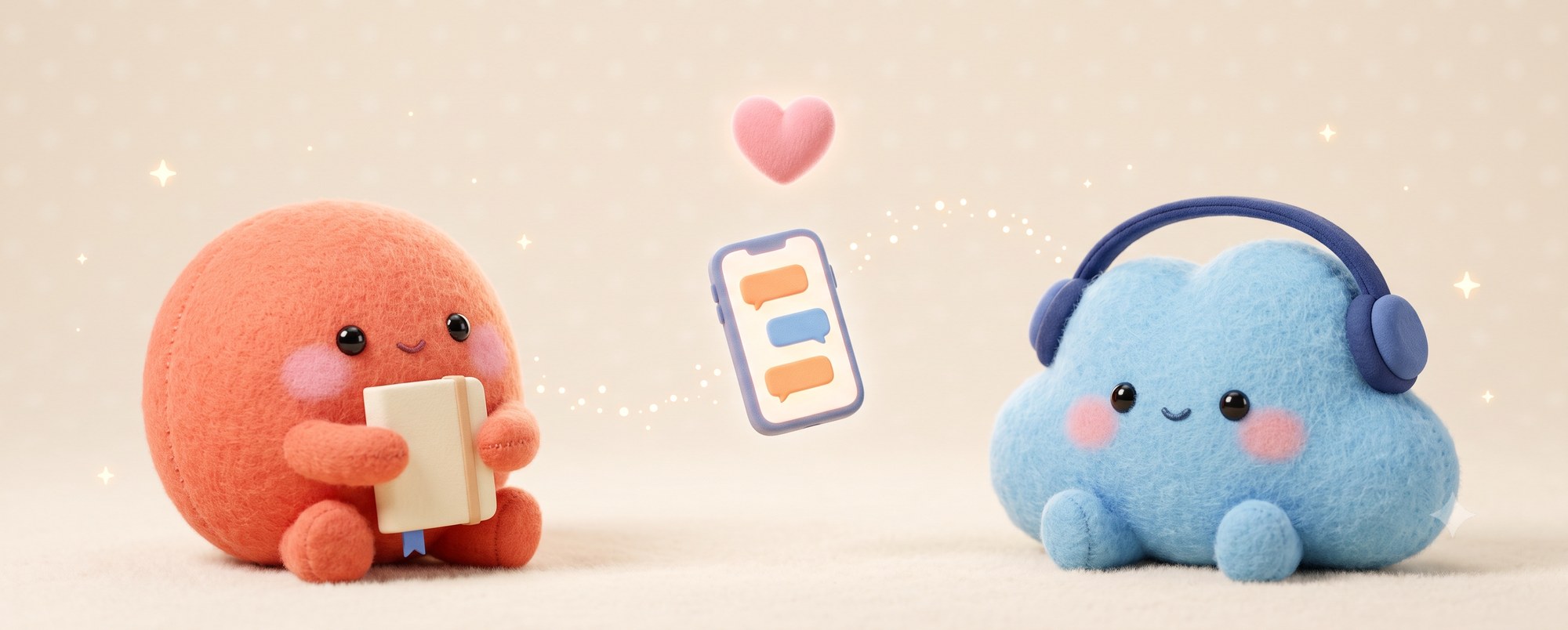 Two felt plush mascots, a coral one hugging a notebook and a blue cloud with headphones, sharing one phone